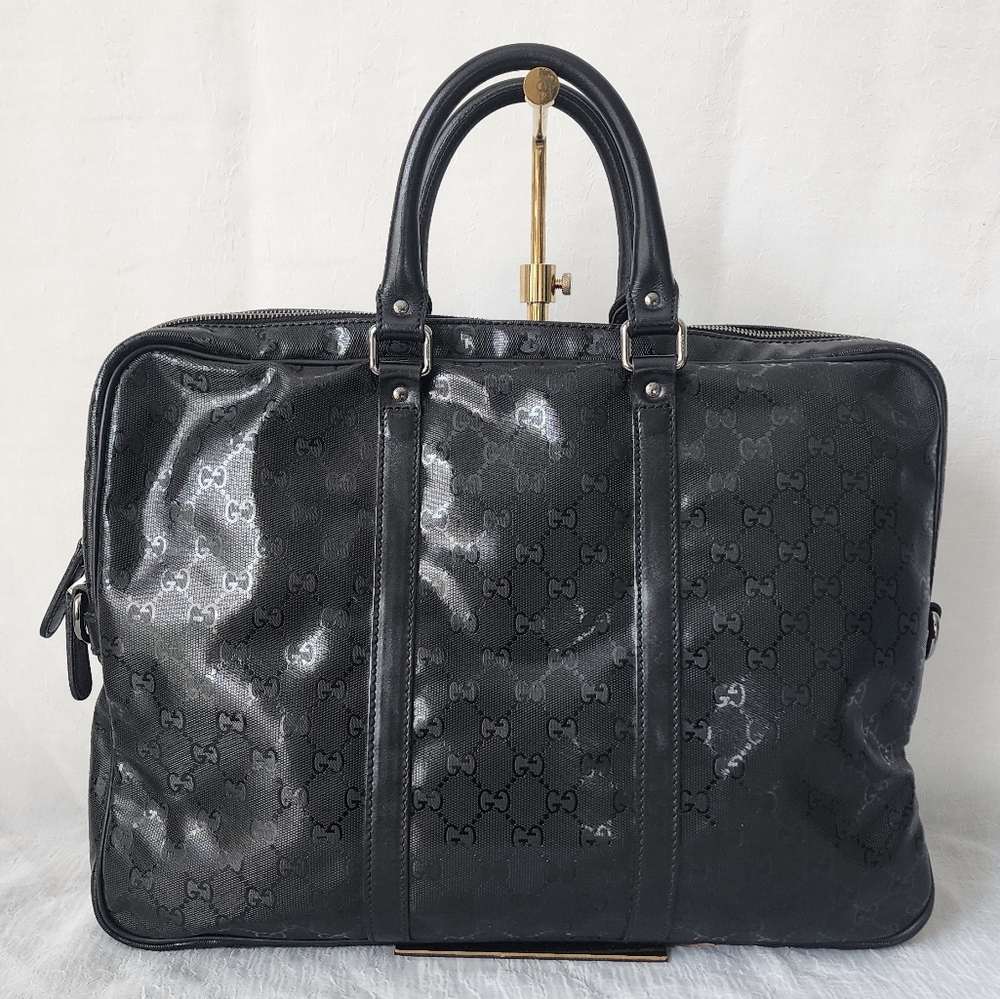 Auth Gucci GG Imprime Monogram Patent Leather Briefcase